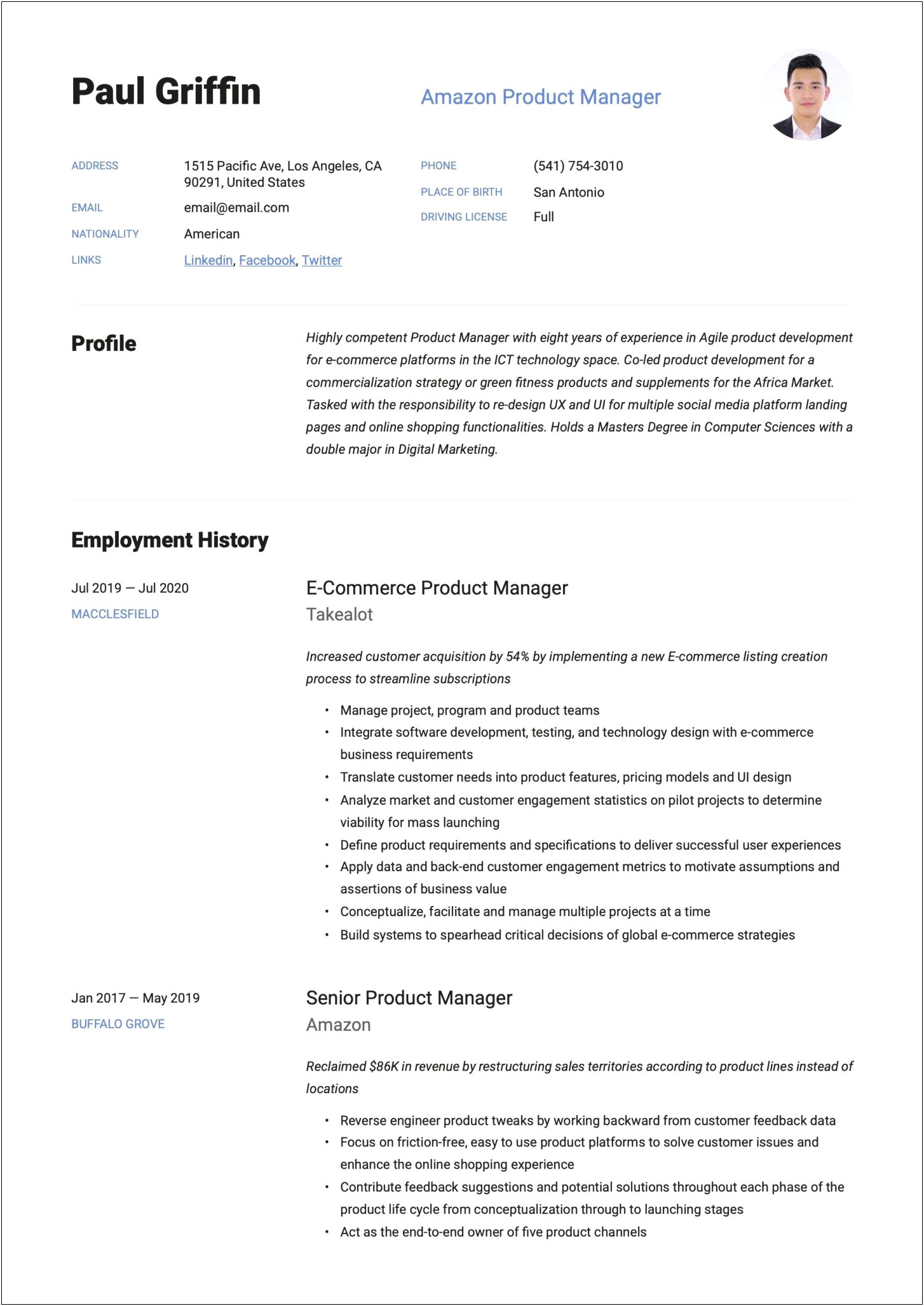 Amazon Development Manager Sample Resume