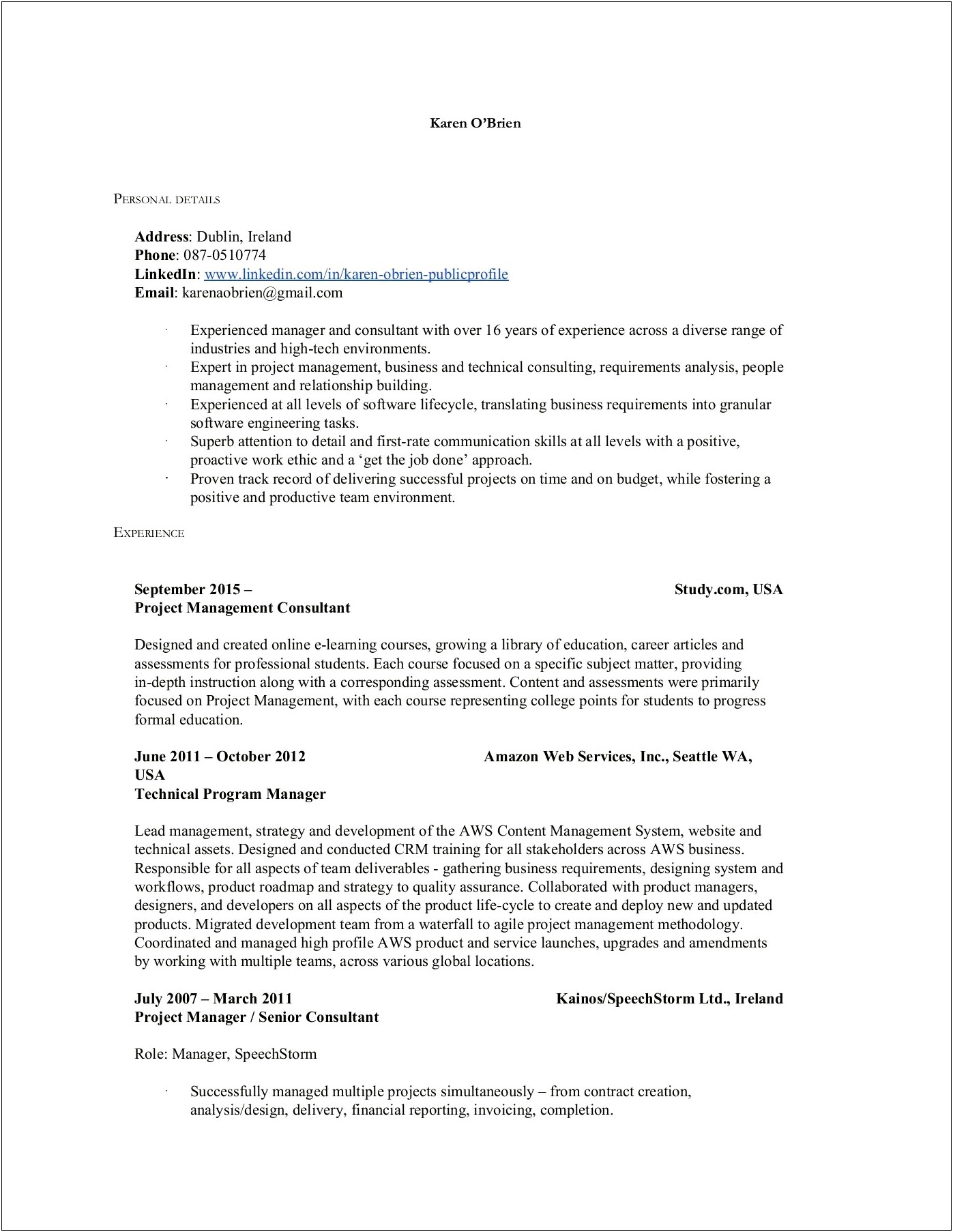 Amazon Senior Technical Program Manager Resume