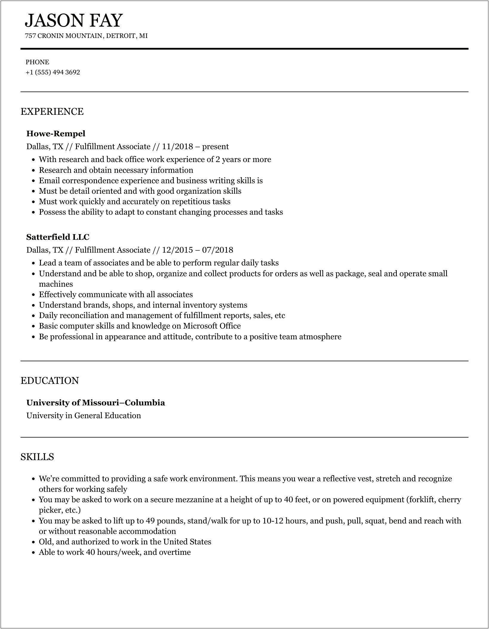 Amazon Sortation Associate Resume Job Description