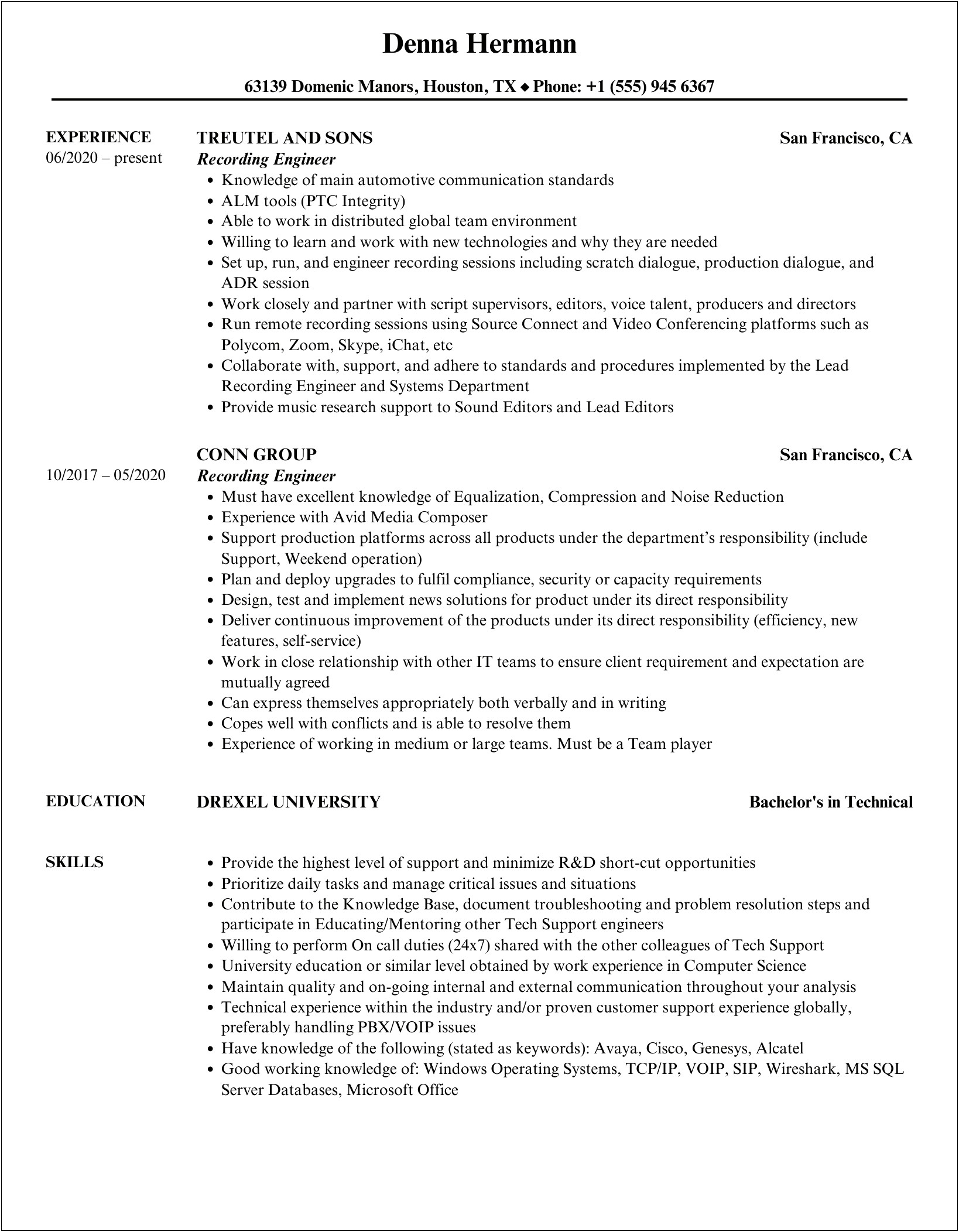 An Audio Engineer Resume And Cover Letter