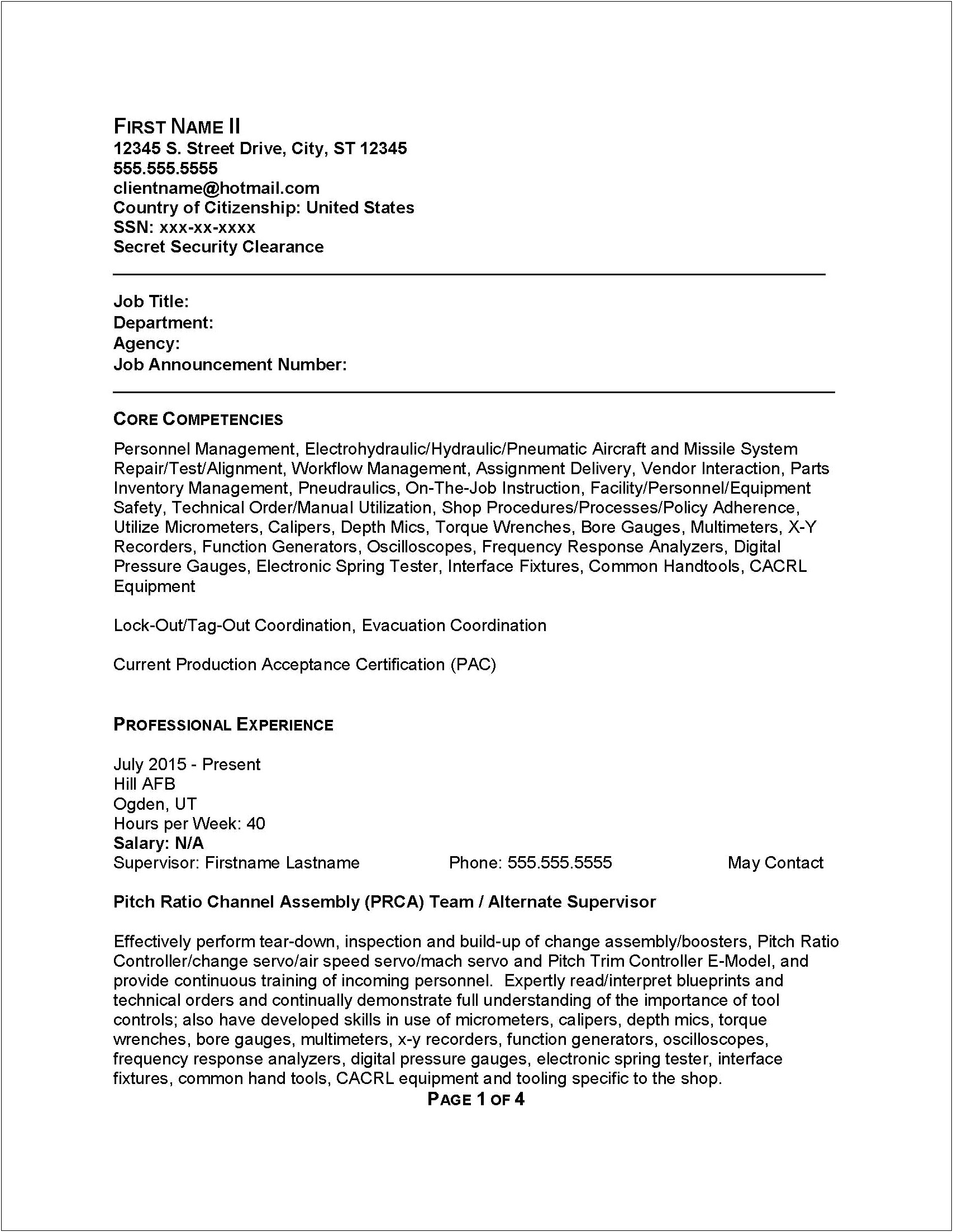 An Example Of A Federal Government Resume
