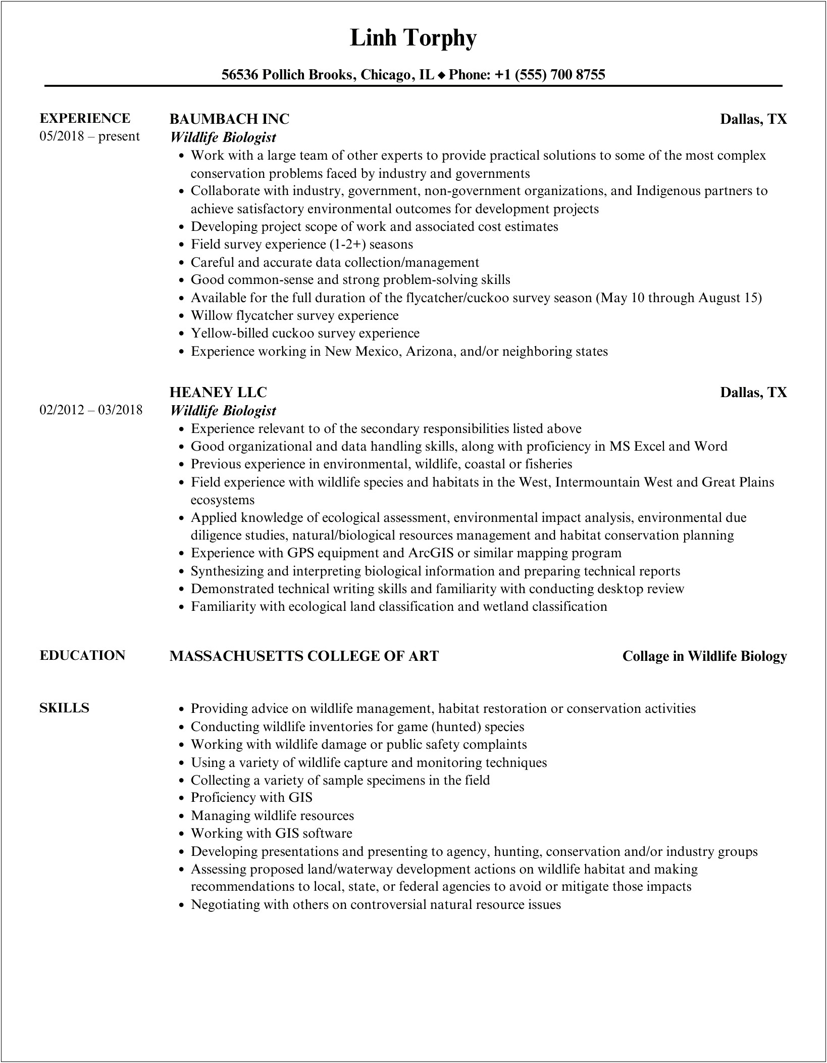 An Example Of A Good Wildlife Biologist Resume