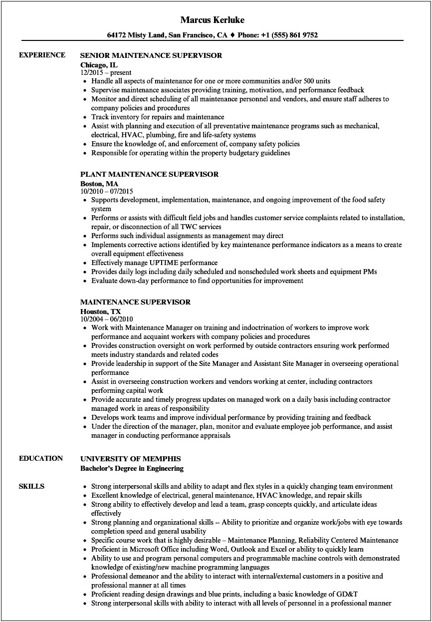 Apartment Maintenance Job Description For Resume