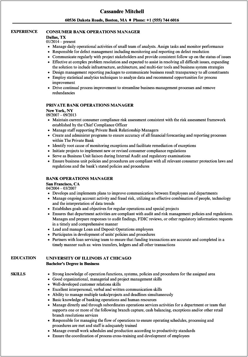 Area Of Expertise Resume Bank Operations Manager