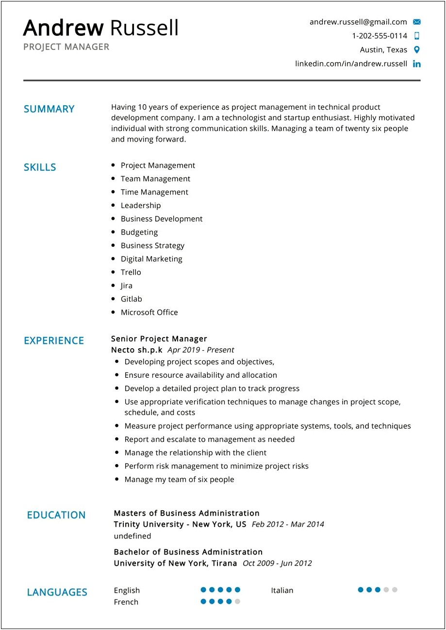 Areas Of Expertise Project Manager Resume