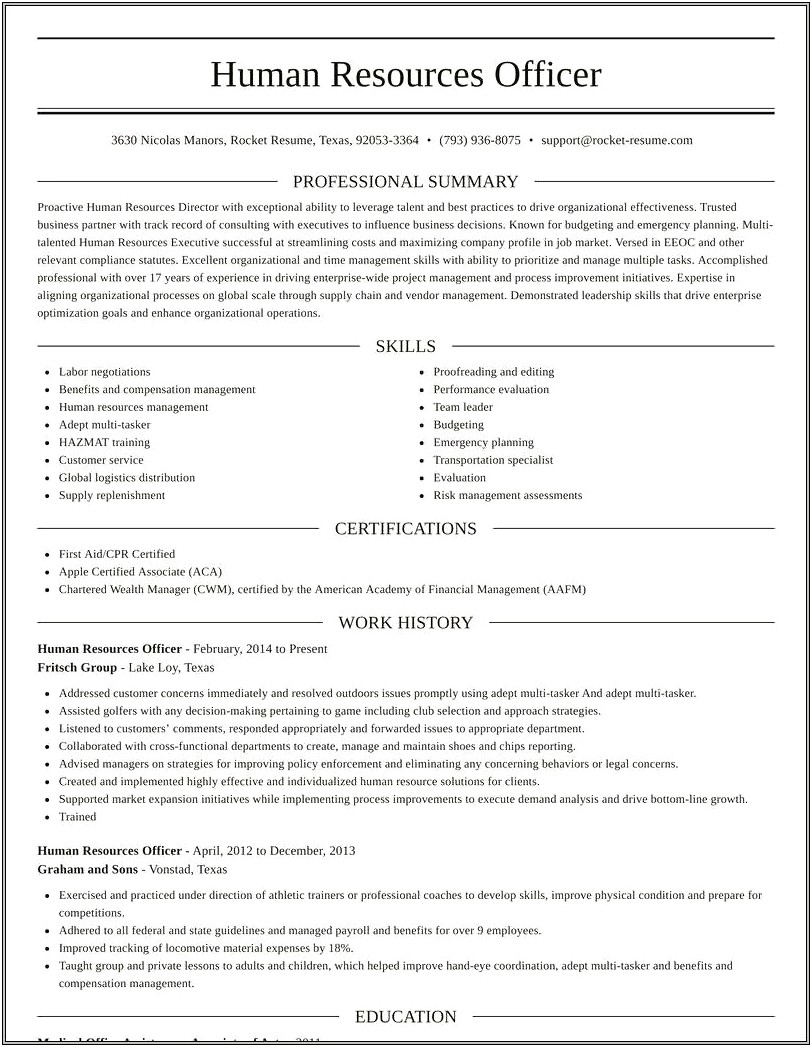 Army Human Resource Specialist Resume Sample