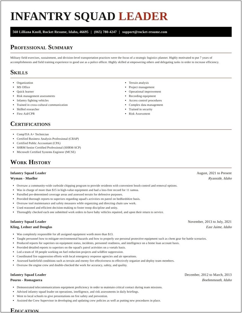 Army Infantry Team Leader Job Description Resume