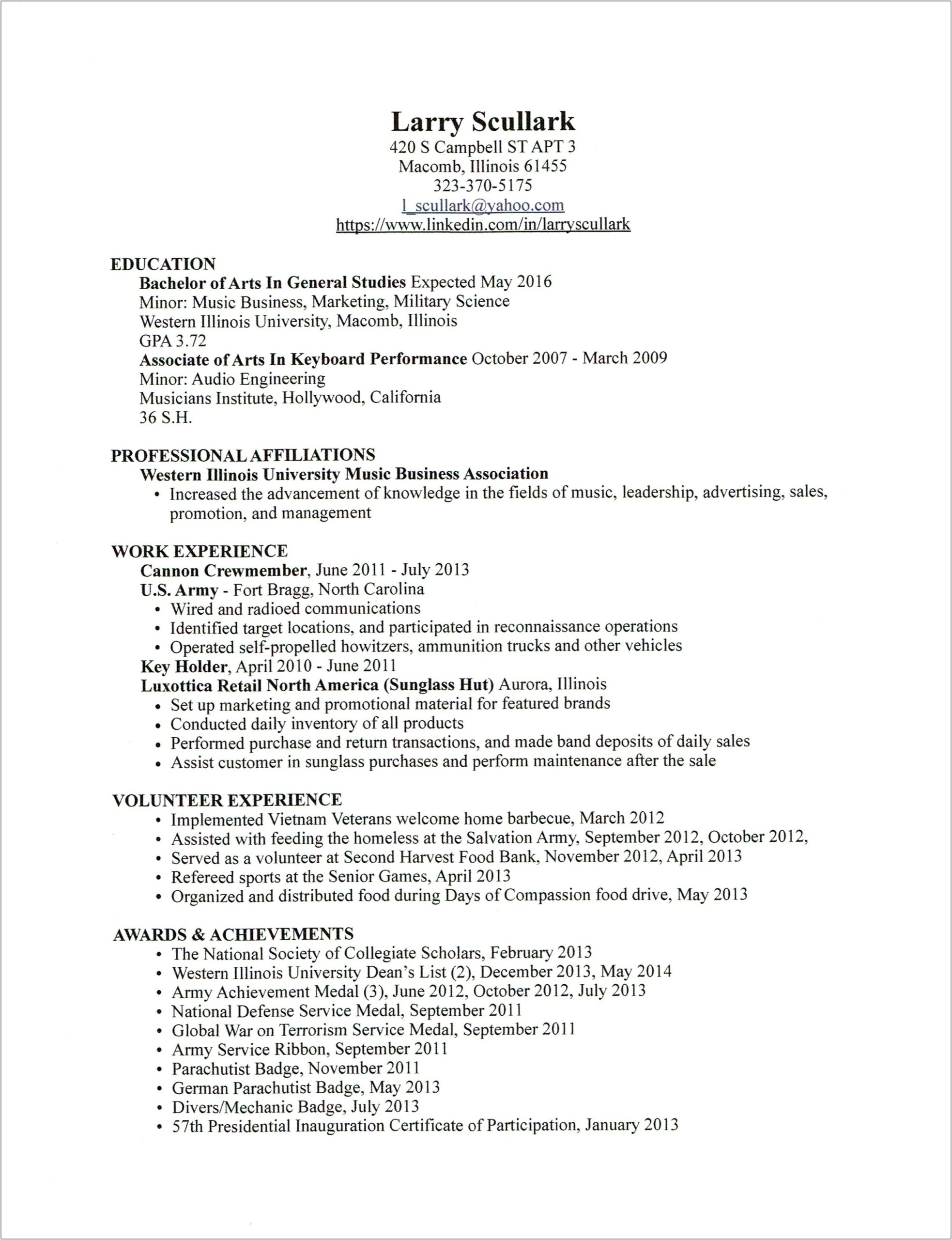 Army Reserve Experience On Resume Infantry Man