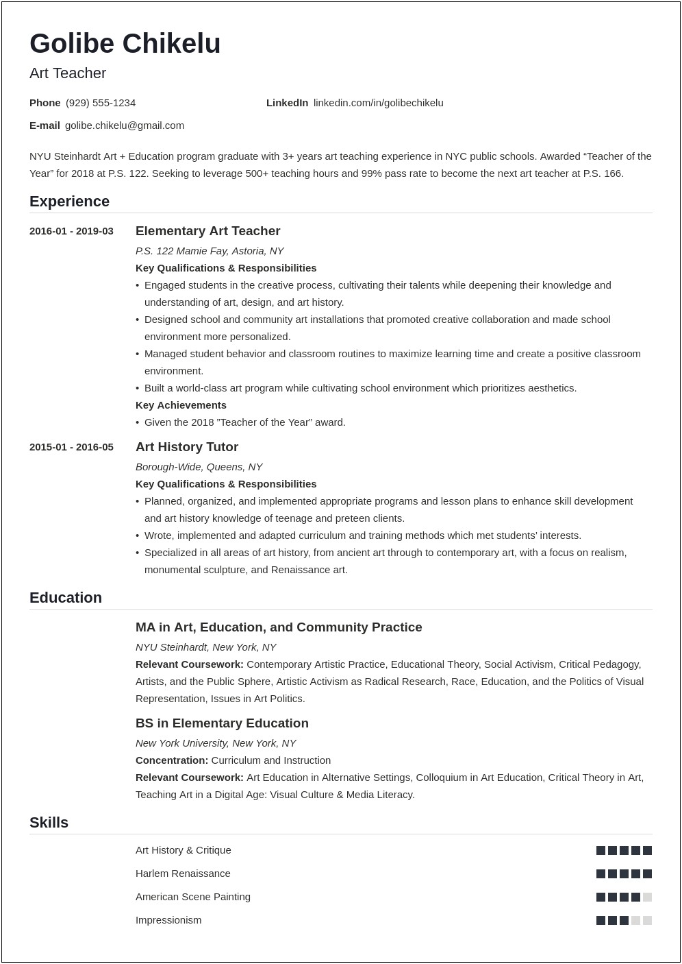 Art And Craft Teacher Job Description Resume