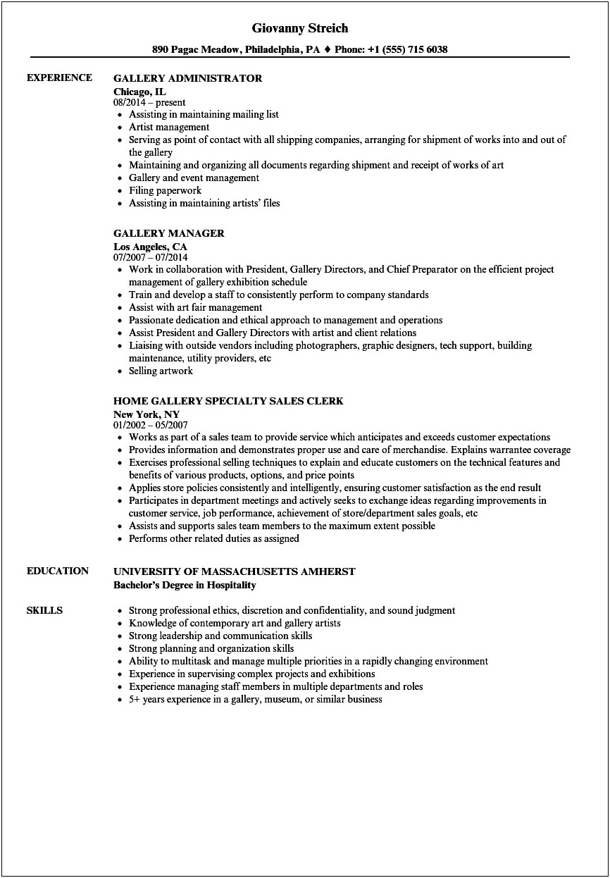 Art Gallery Manager Resume Objective Statement