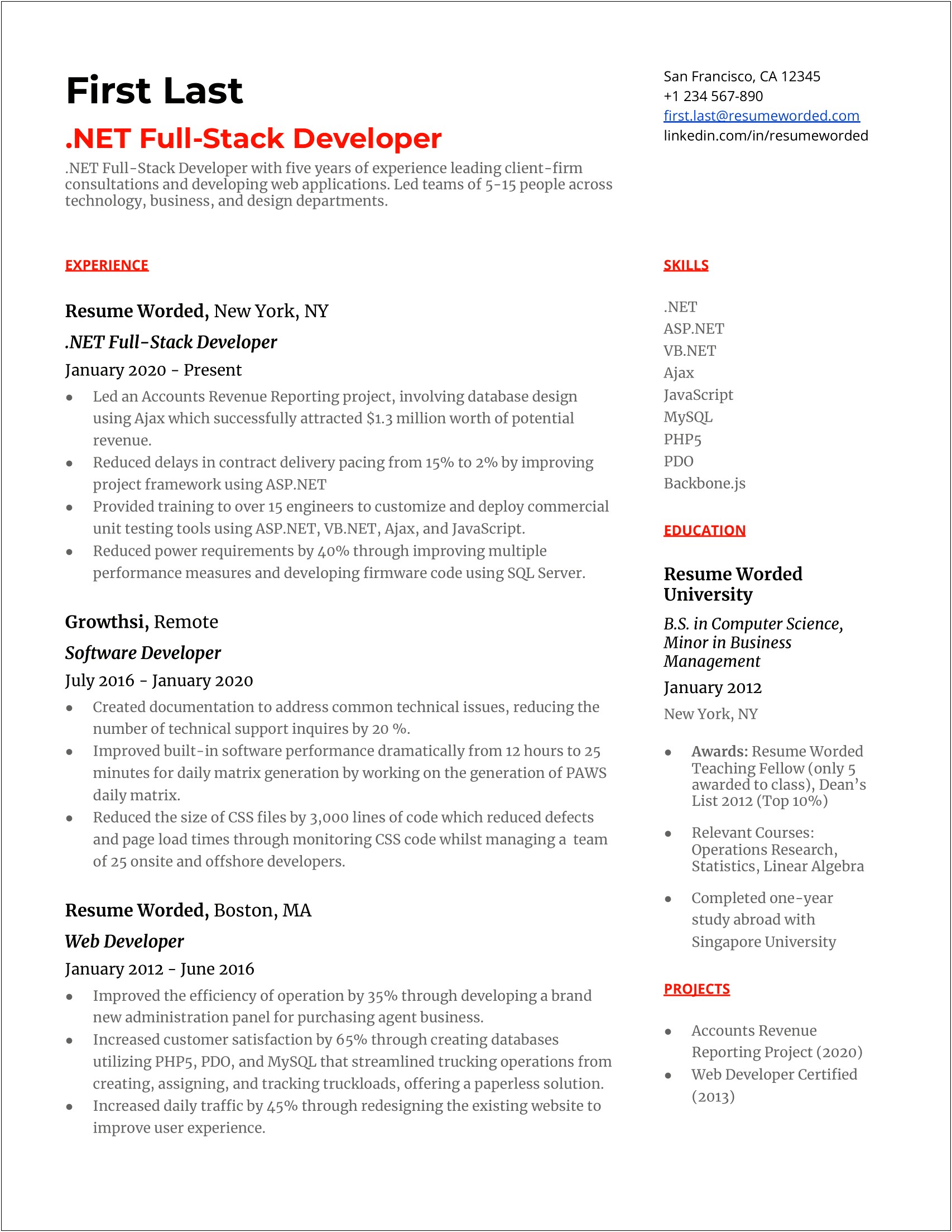 Asp Net Front End Developer Sample Resume