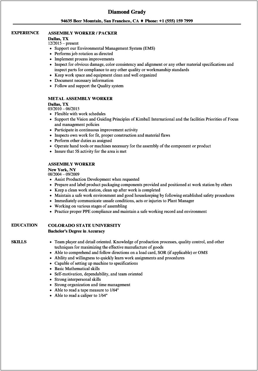 Assembly Line Job Description For Resume