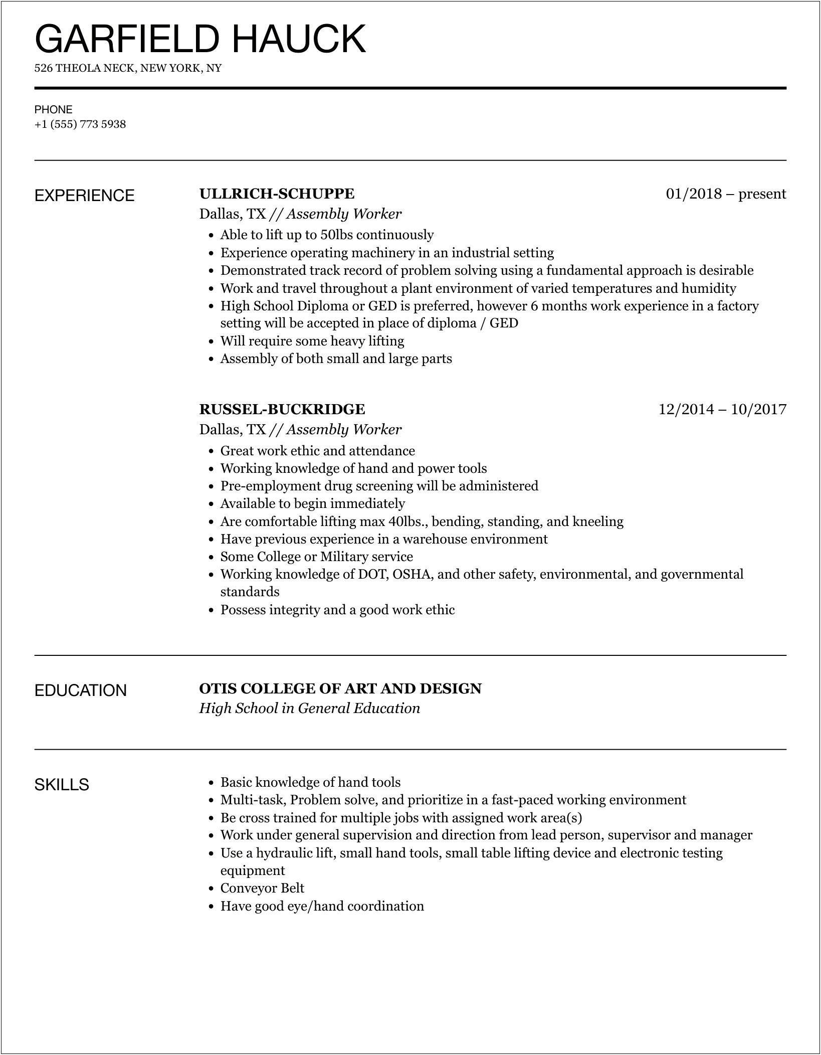 Assembly Line Worker Job Description For Resume