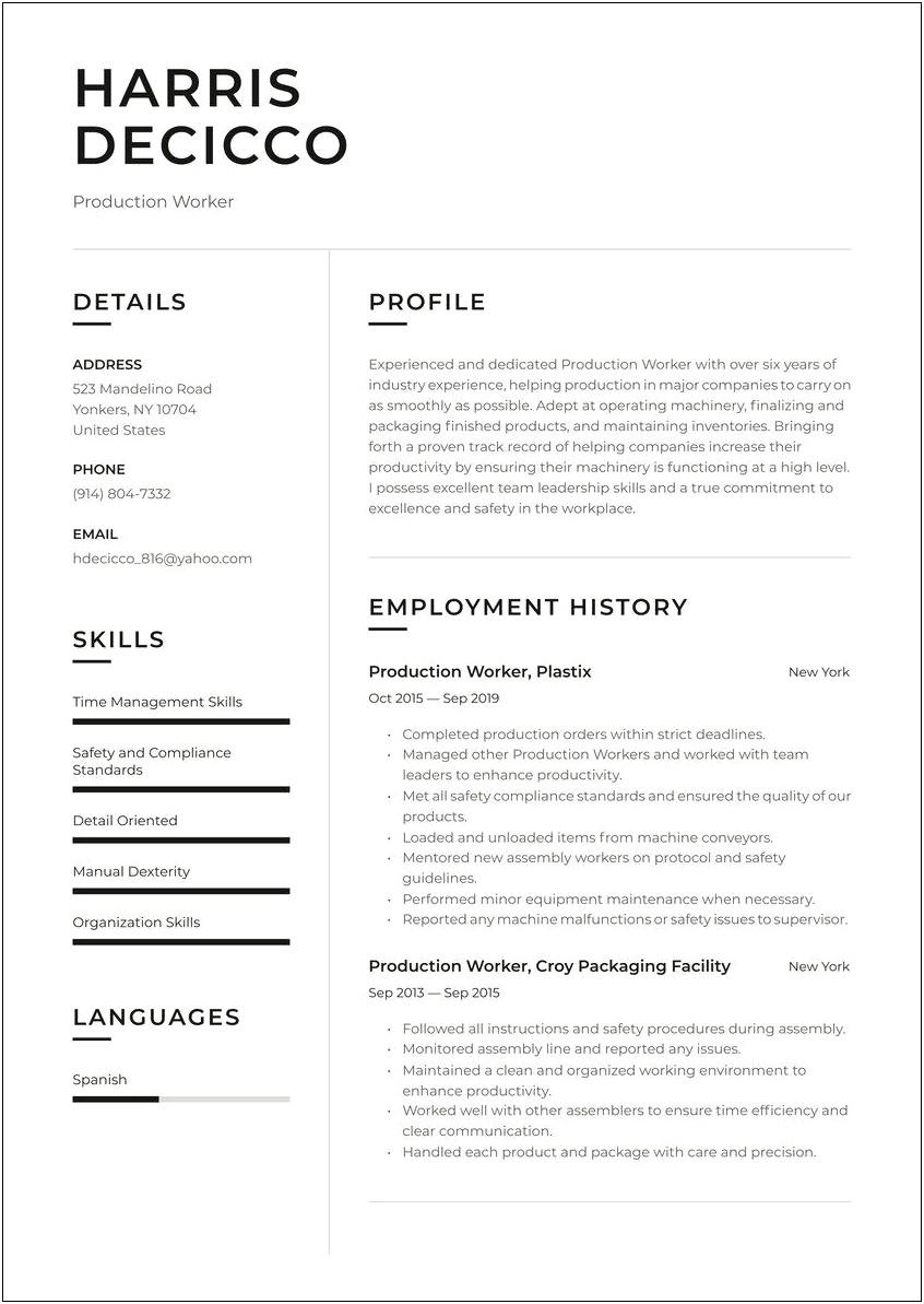 Assembly Line Worker Job Description Resume