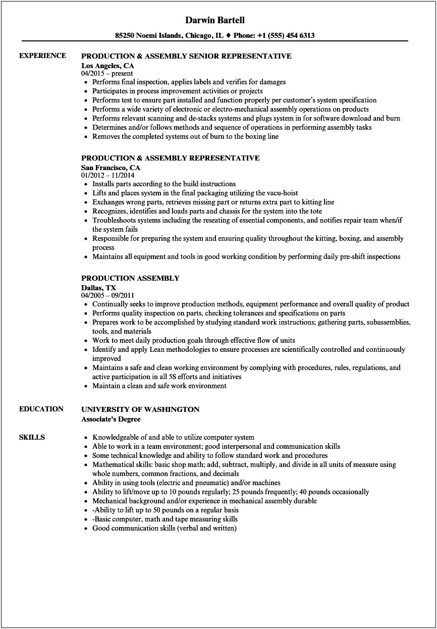 Assembly Operator Job Description For Resume