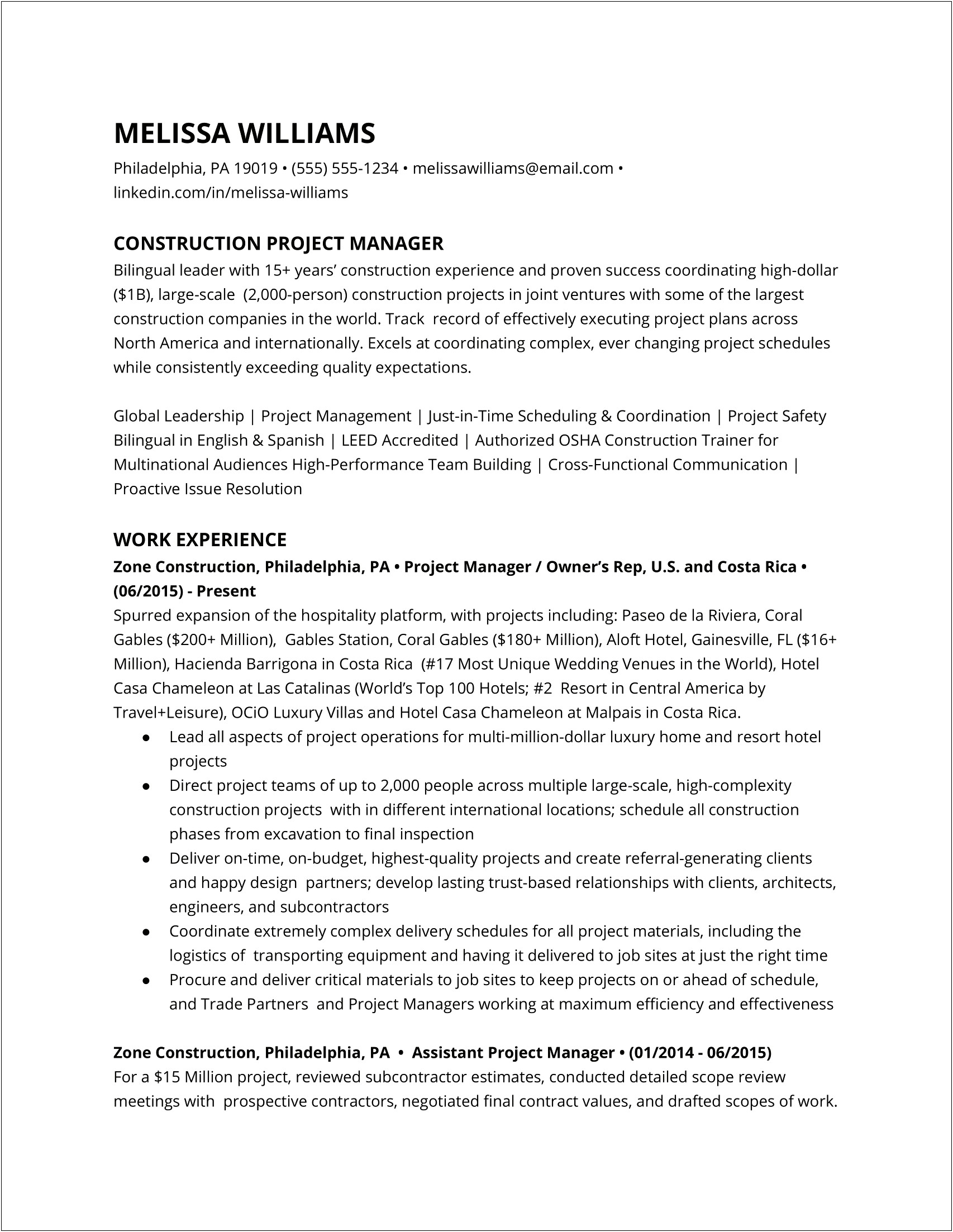 Assistant Construction Project Manager Resume Samples