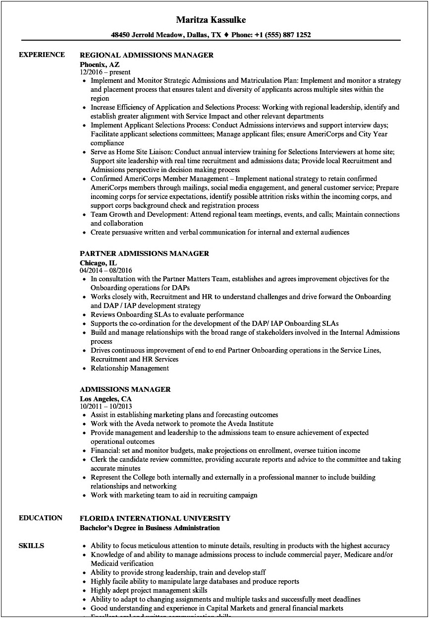 Assistant Director Of Admissions Project Manager Resume