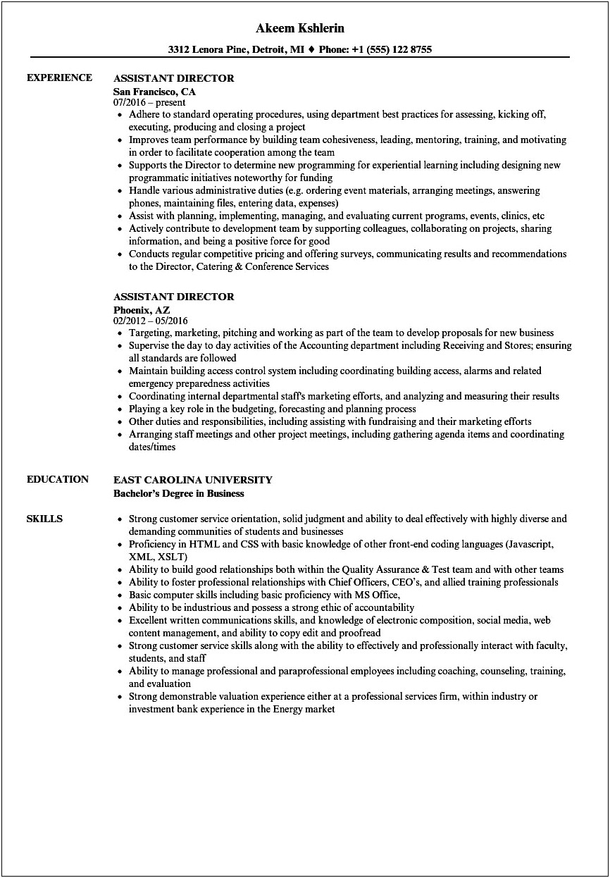 Assistant Director Of Culinary Operations Resume Example