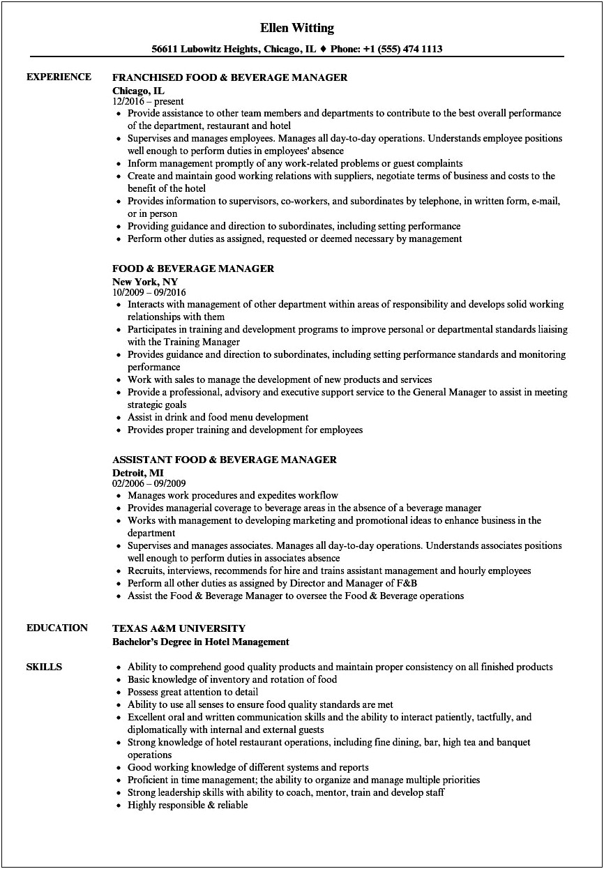 Assistant Food And Beverage Manager Resume Sample