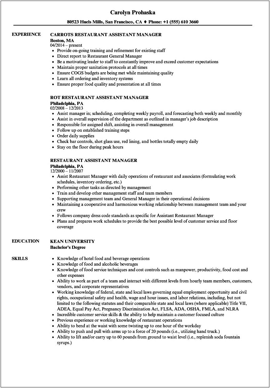 Assistant General Manager Food And Beverage Resume Responsibilities