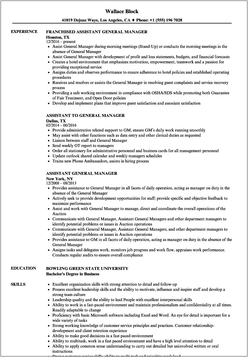 Assistant General Manager Of Auto Dealership Resume