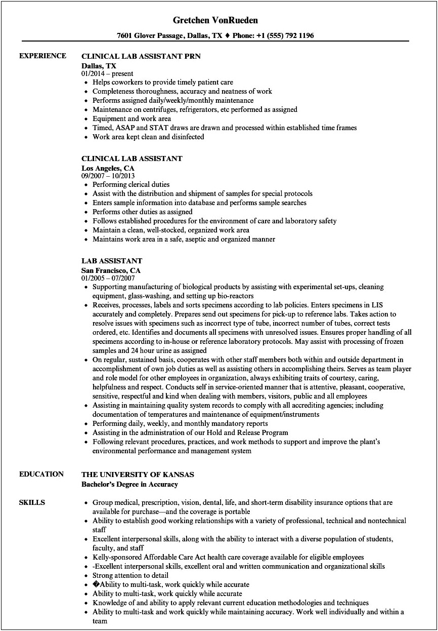 Assistant Lab Sample Archives Sample Resume