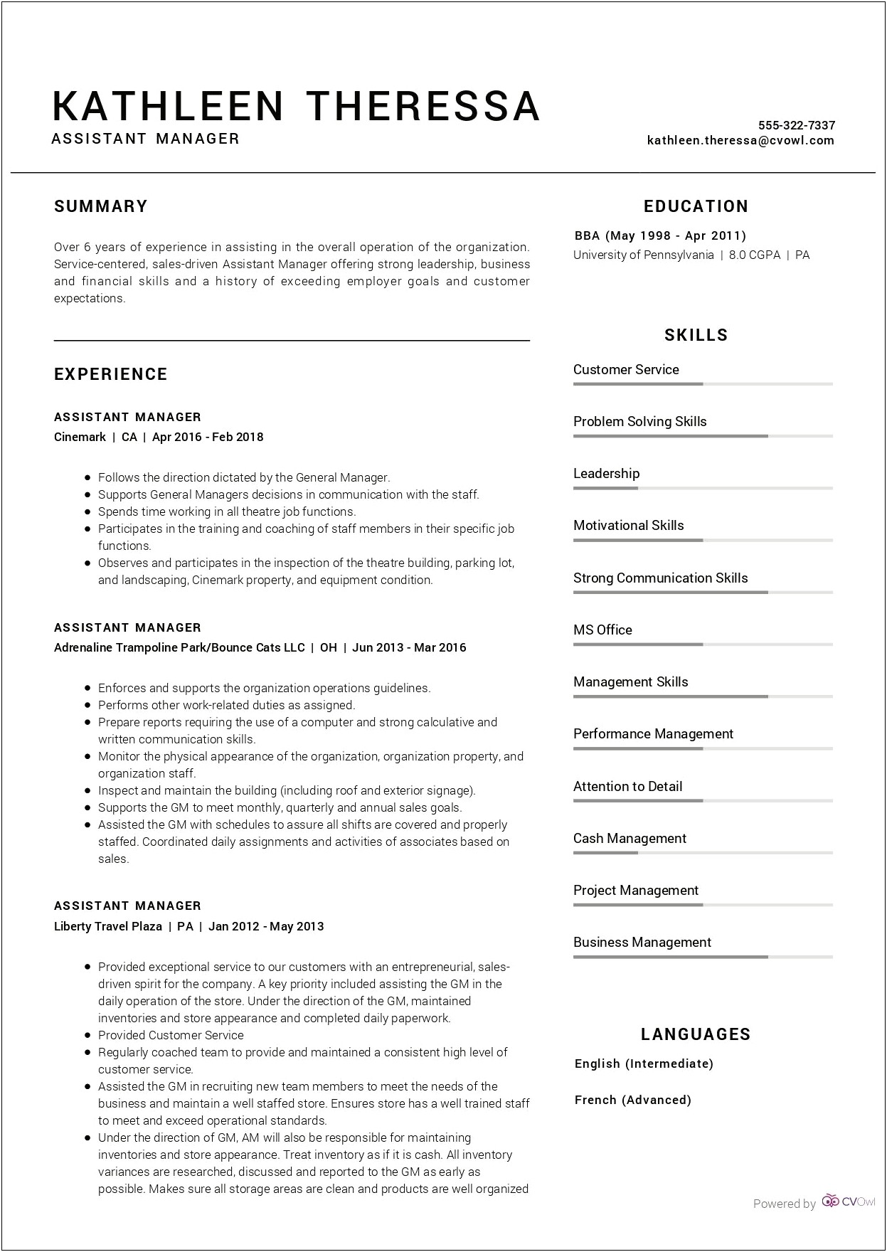 Assistant Manager At Cash Store Resume