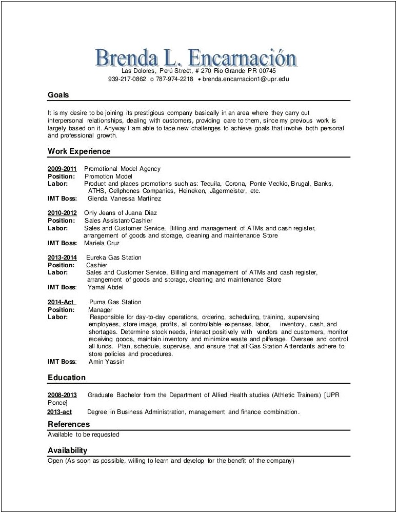 Assistant Manager At Gas Station Resume