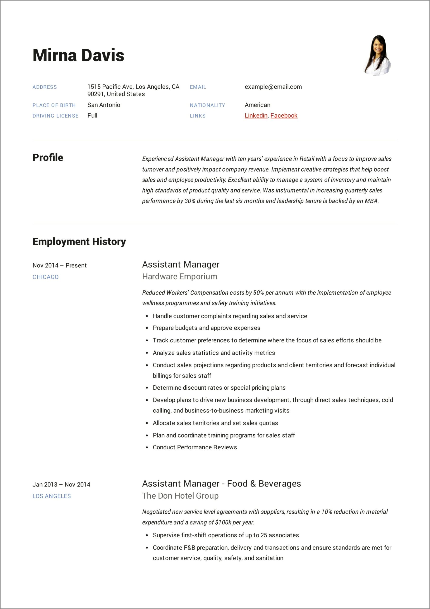 Assistant Manager Duties And Responsibilities For Resume