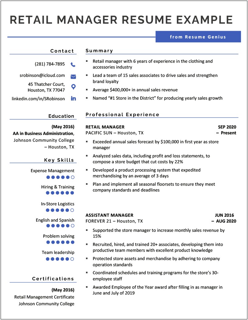 Assistant Manager Retail Skills For Resume