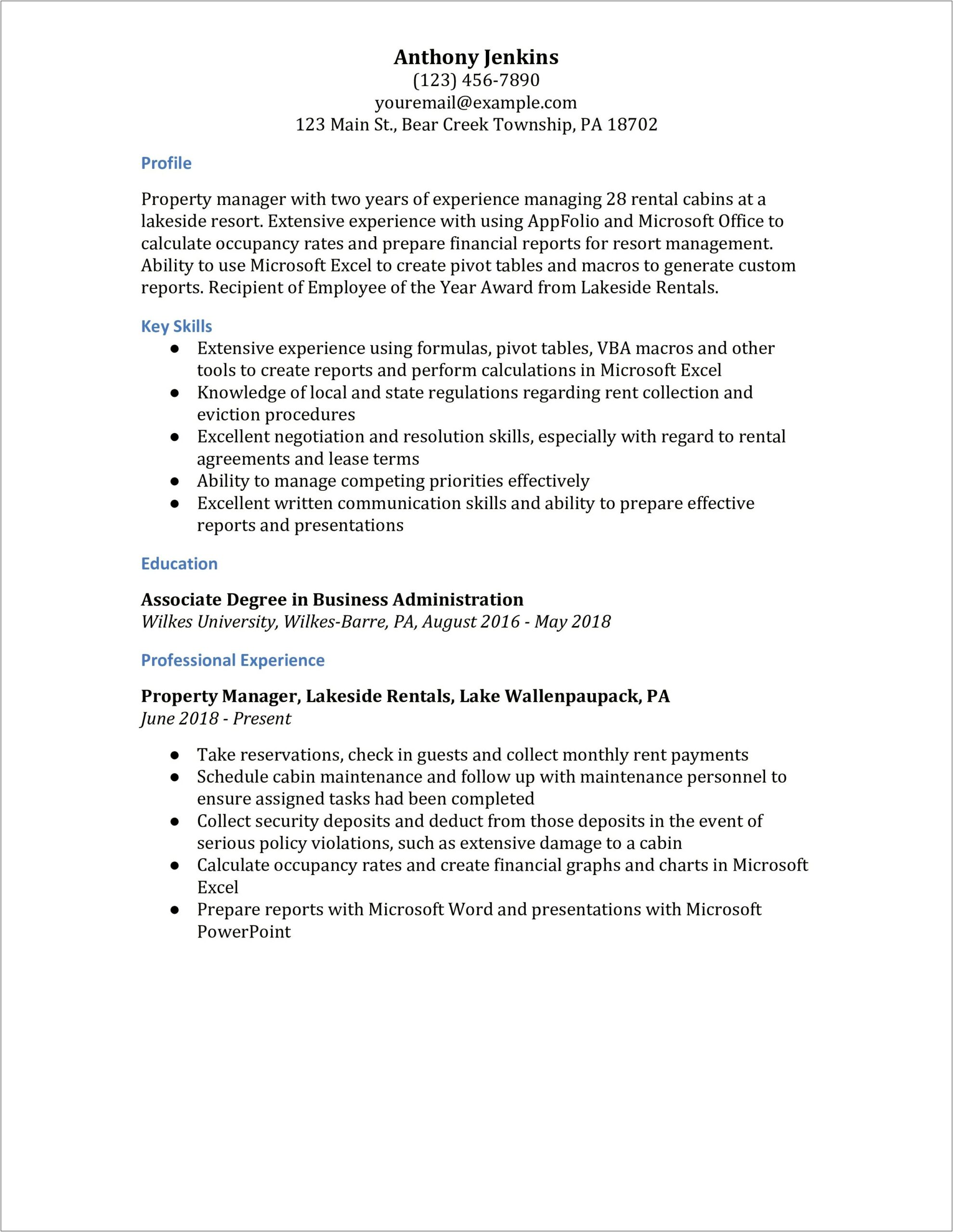 Assistant Property Manager Lease Up Resume