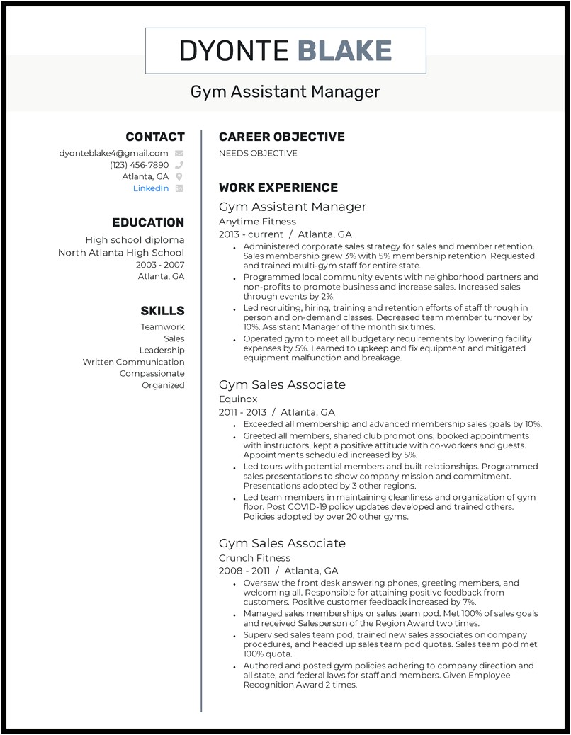 Assistant Sales Manager Fitness Job Description Resume