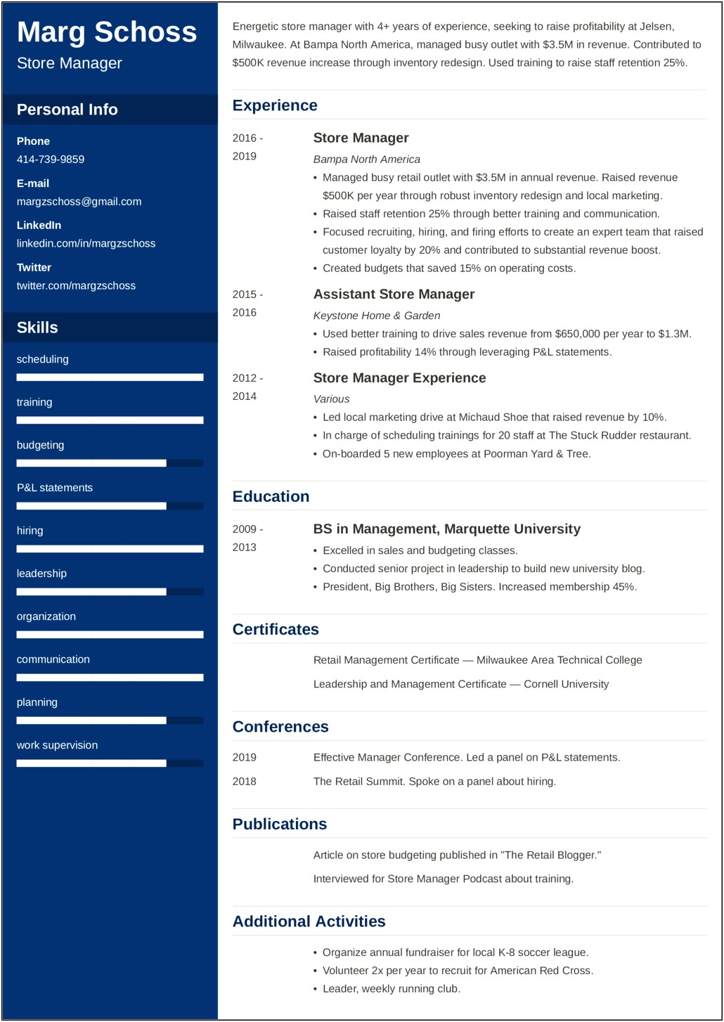 Assistant Store Manager Experince On Resume