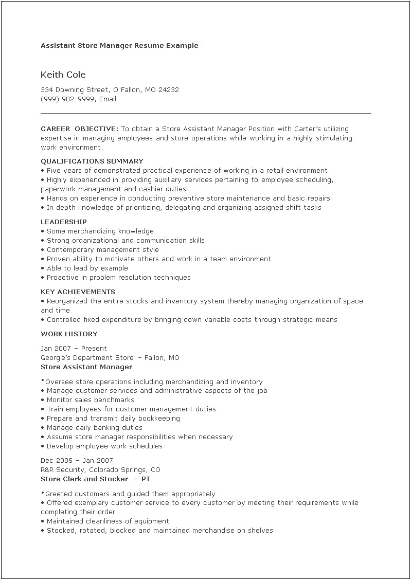Assistant Store Manager Job Description For Resume