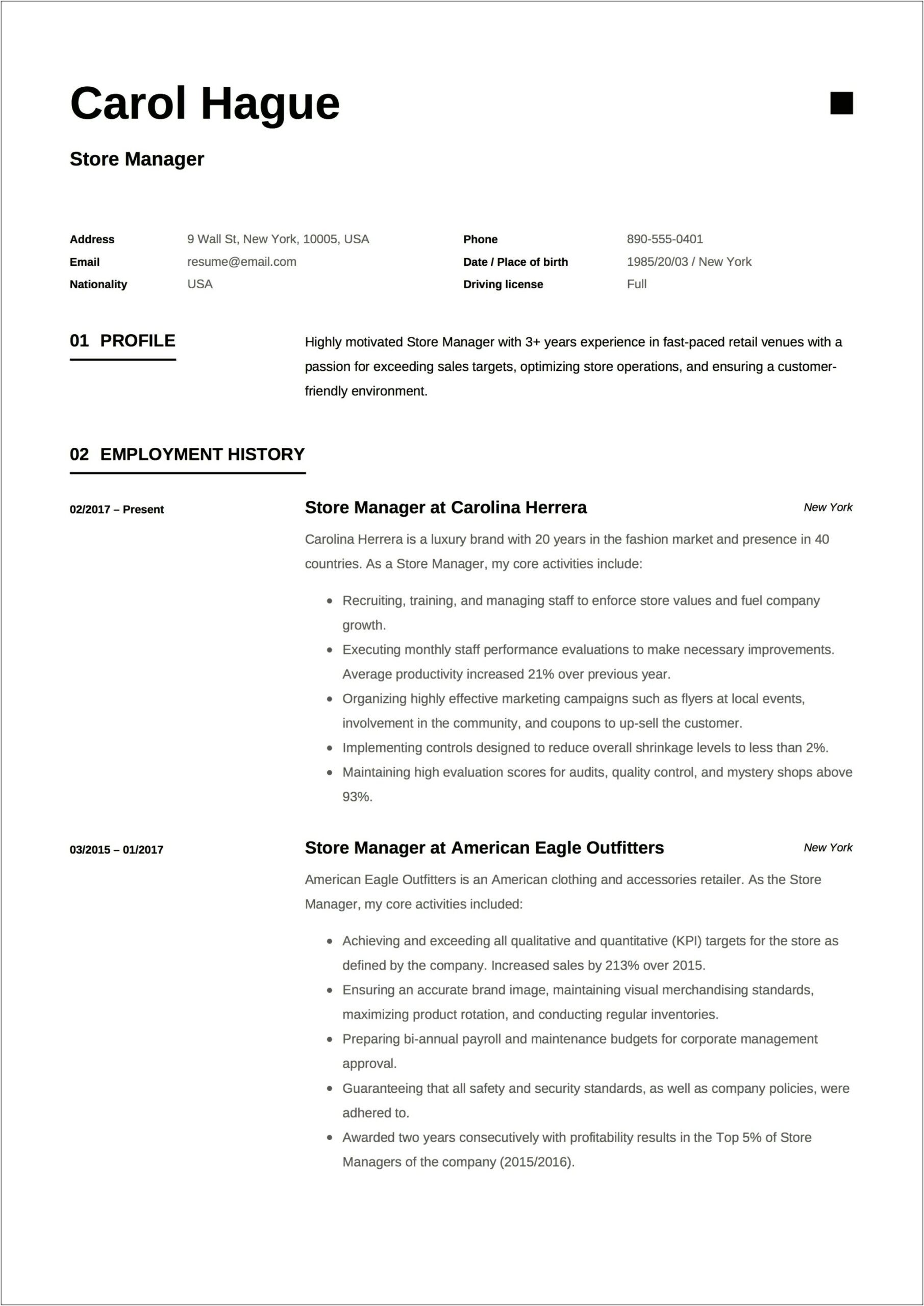 Assistant Store Manager Job Description Resume