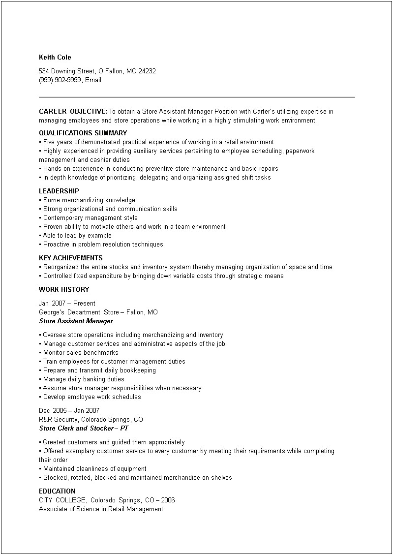 Assistant Store Manager On A Resume