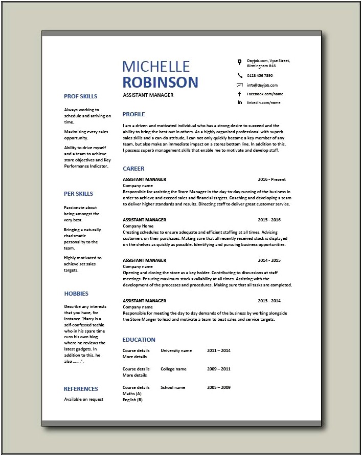 Assistant Store Manager Resume Customer Service