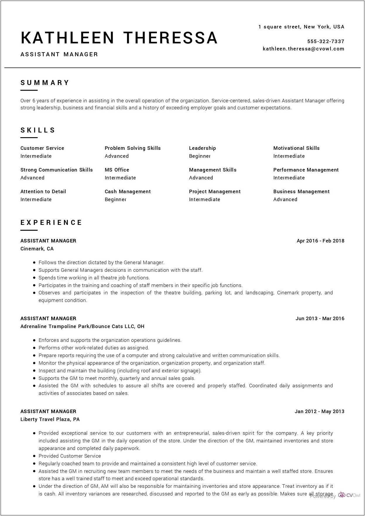 Assistant Store Manager Resume Sample India