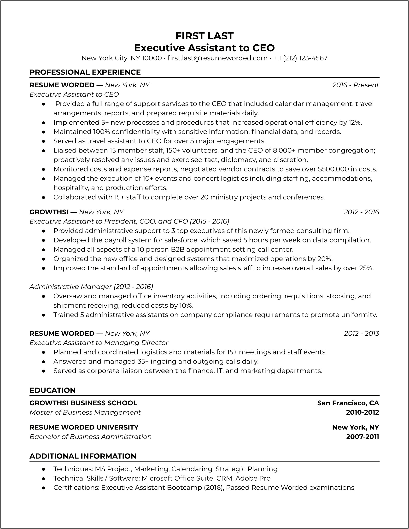 Assistant To The City Manager Resume