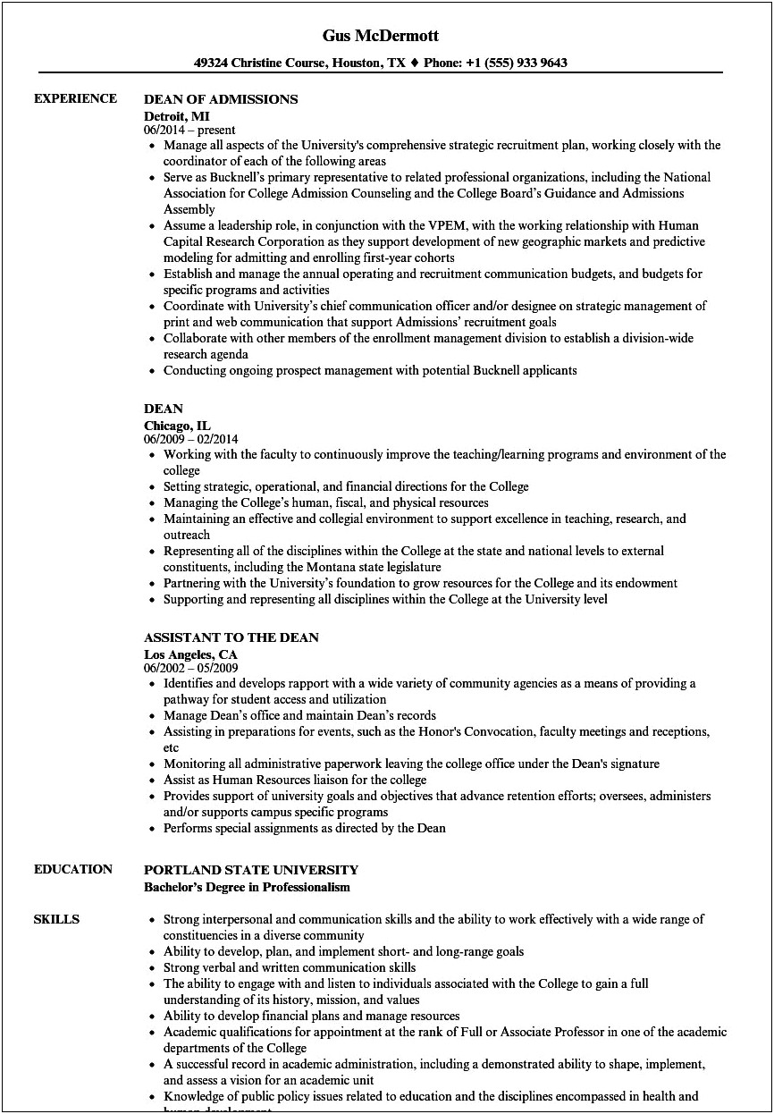 Assistant To The Dean Resume Sample