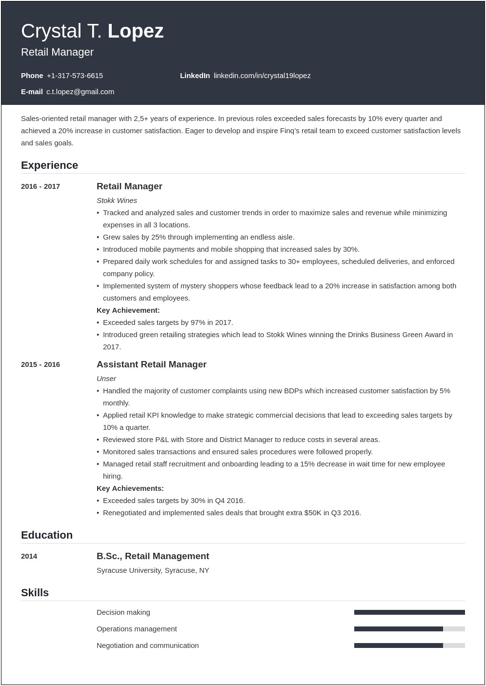 At&t Assistant Store Manager Resume