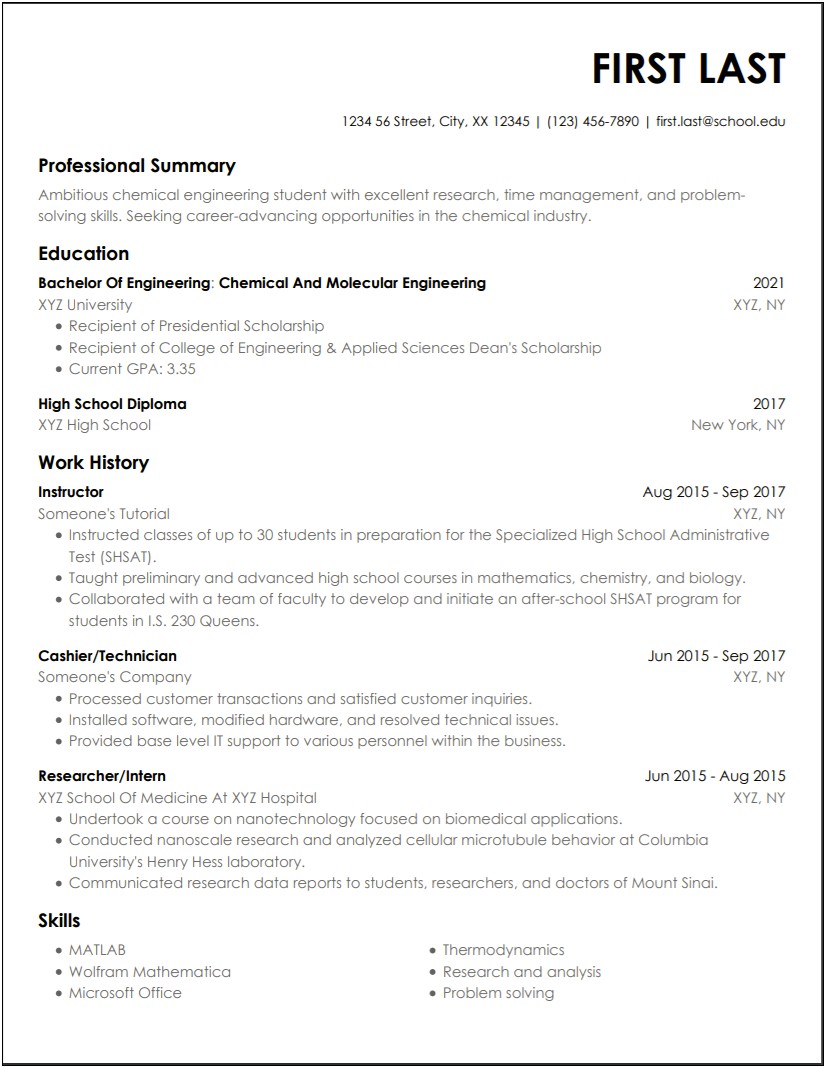 Auburn University Bachelor Of Chemical Engineering Resume Samples