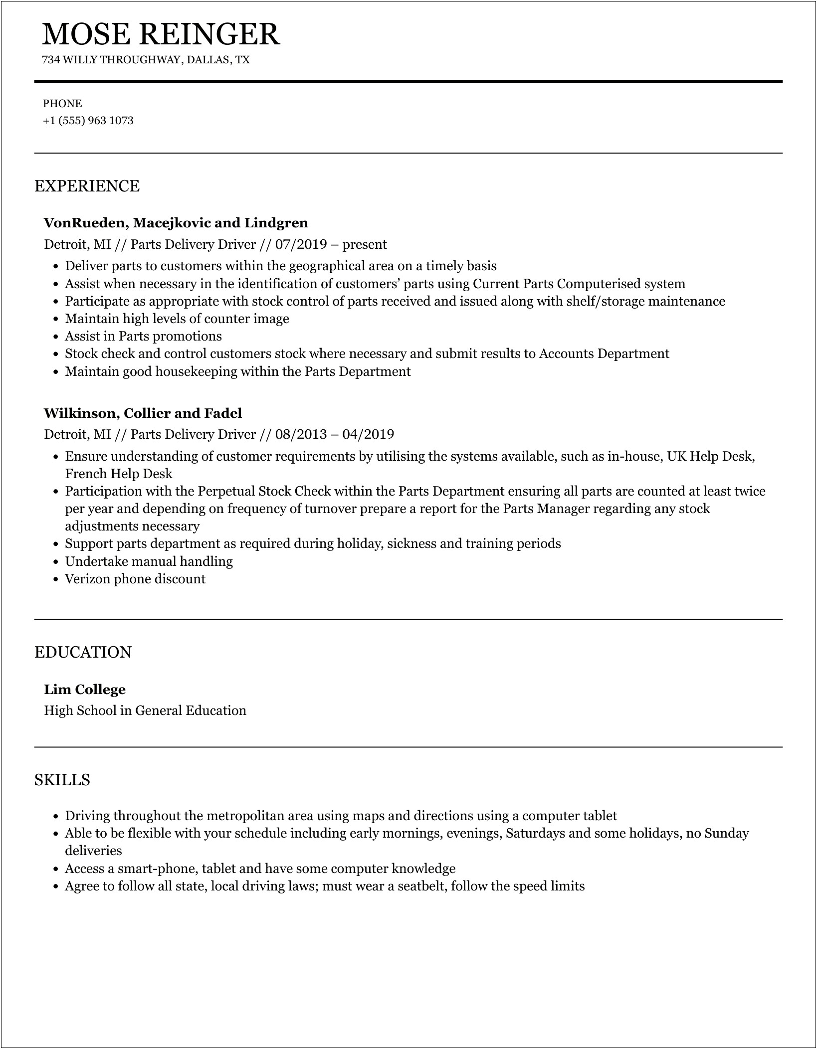 Auto Parts Delivery Driver Resume Sample