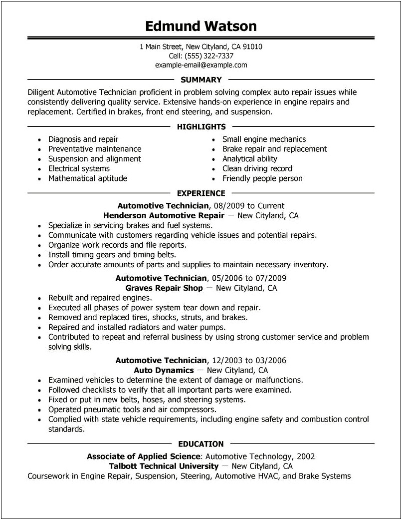 Automotive Service Manager Job Description Resume