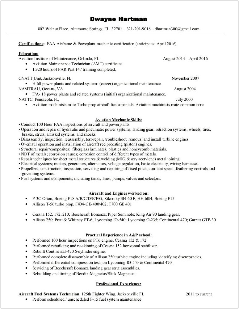 Aviation Machinist Mate Job Description For Resume