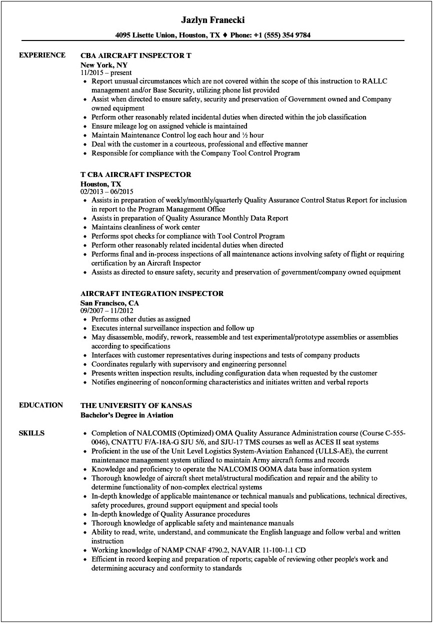 Aviation Safety Inspector Manufacturing Resume Example