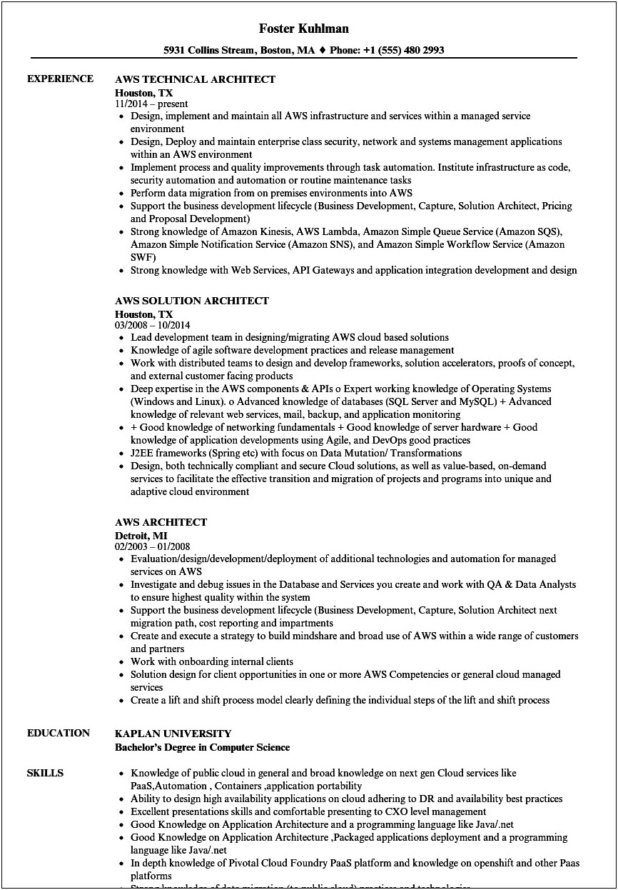 Aws Certified Solutions Architect Certification Resume Sample