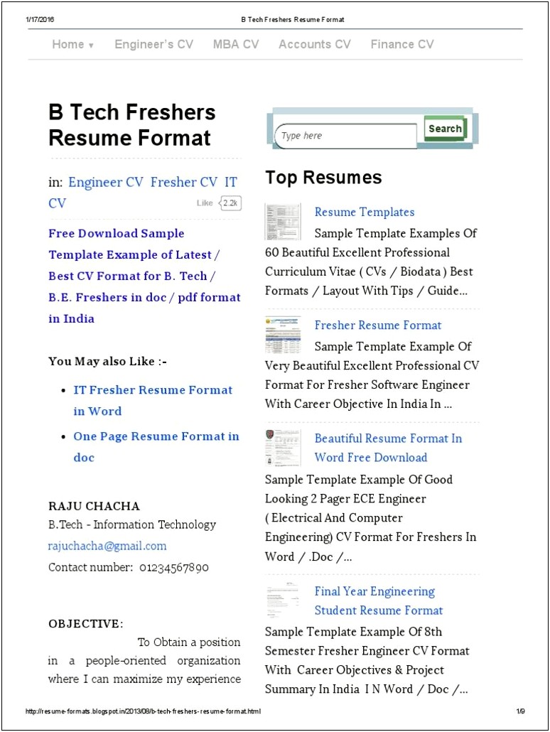 B Tech Freshers Resume Free Download