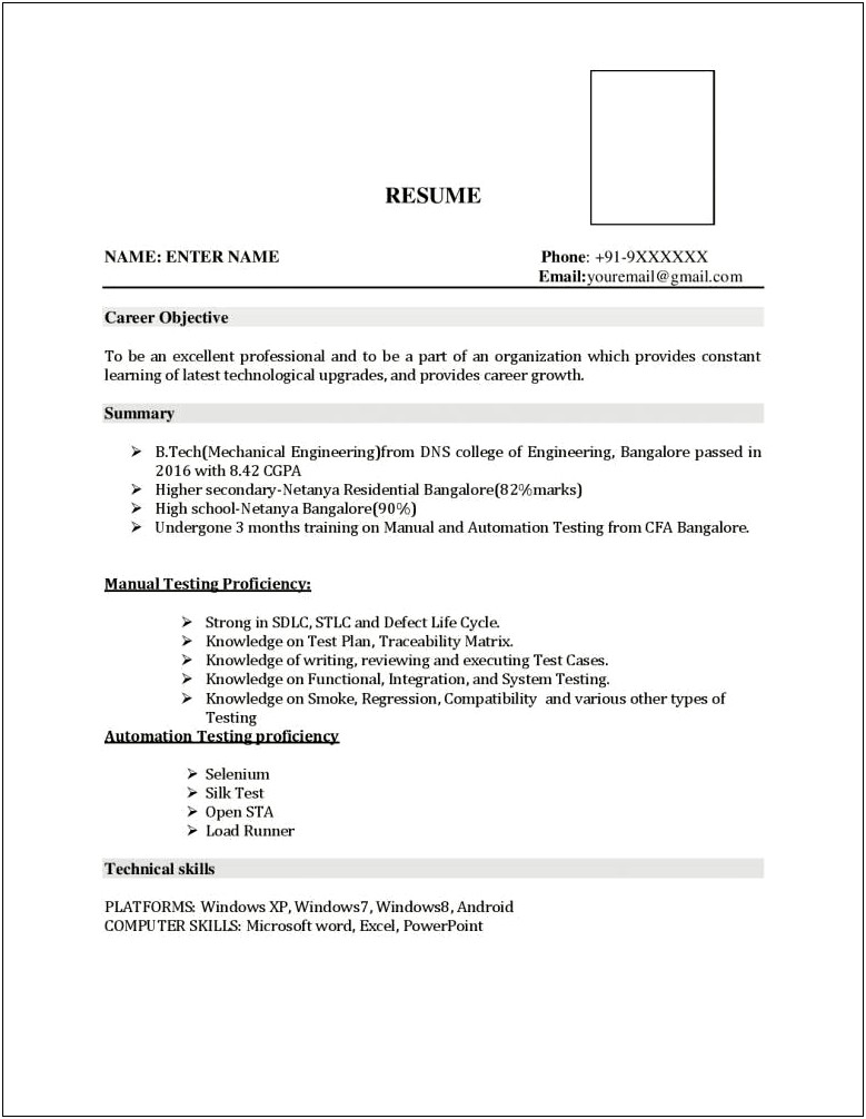 B Tech Mechanical Experience Resume Format