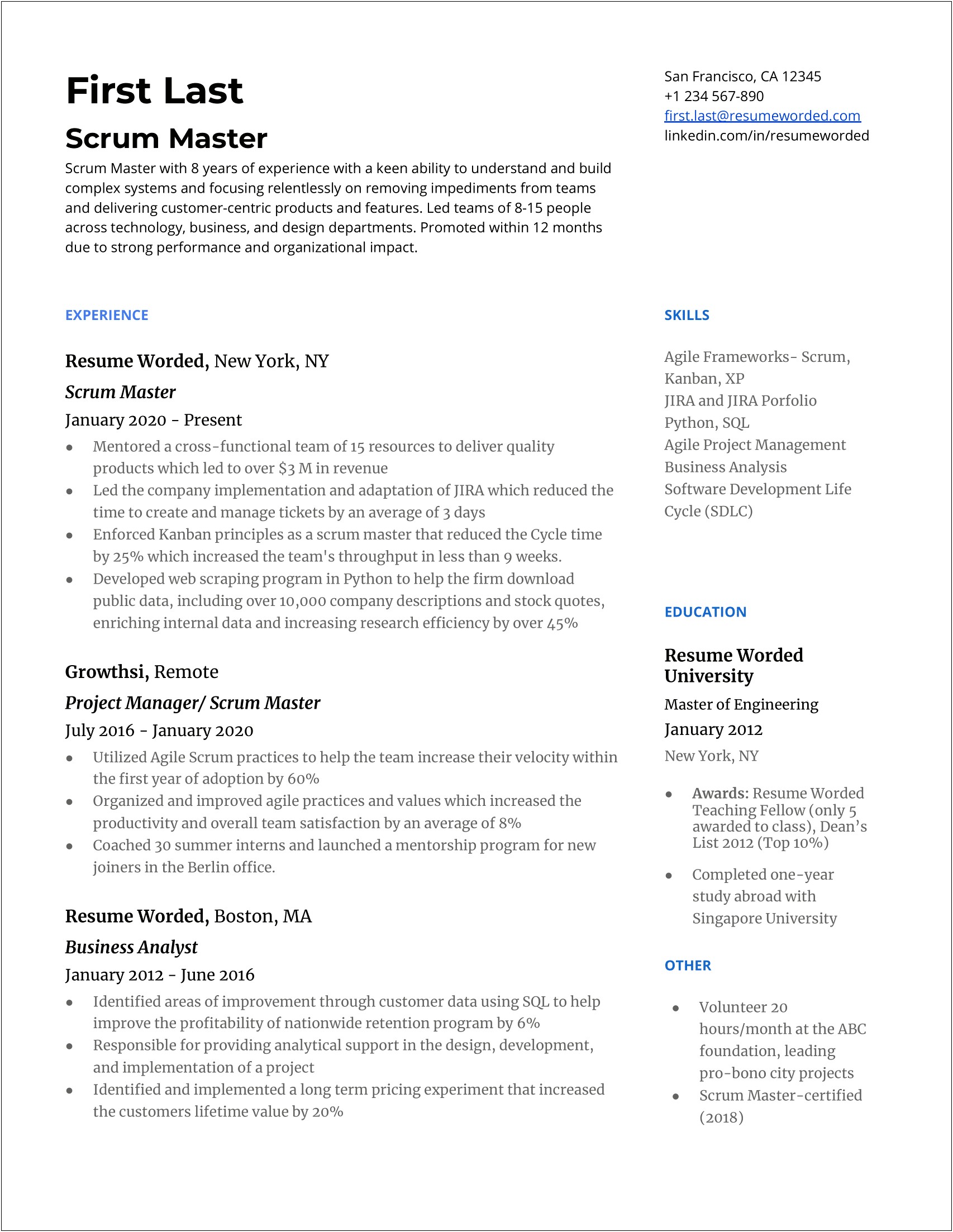 Ba Resume Related To Agile Experience